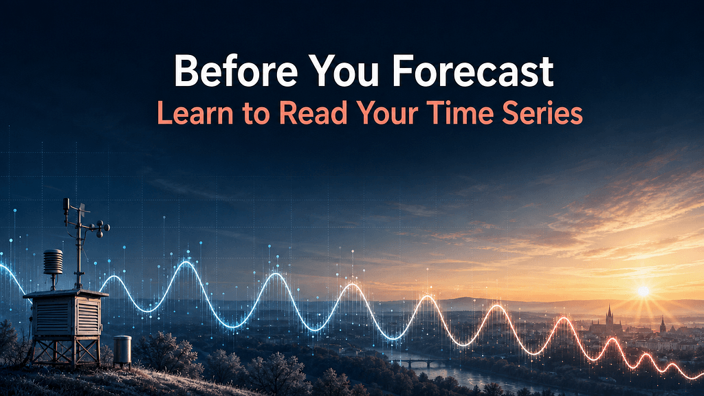 Weather station at sunrise with a repeating glowing temperature time-series line and the title Before You Forecast: Learn to Read Your Time Series.